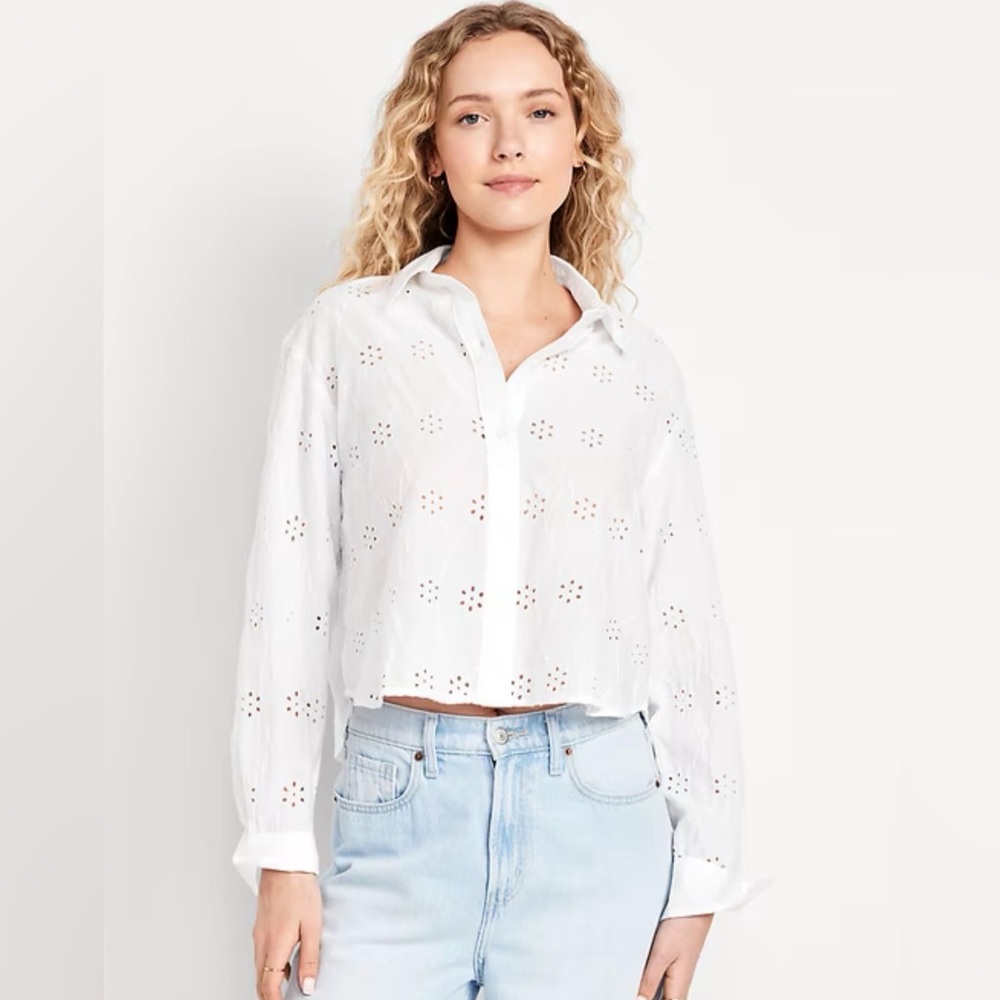 White Eyelet Cropped Button-Up Blouse